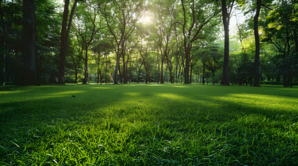 A peaceful green lawn and trees background with copyspace, perfect for nature-themed designs or relaxation concepts. - obrazy, fototapety, plakaty