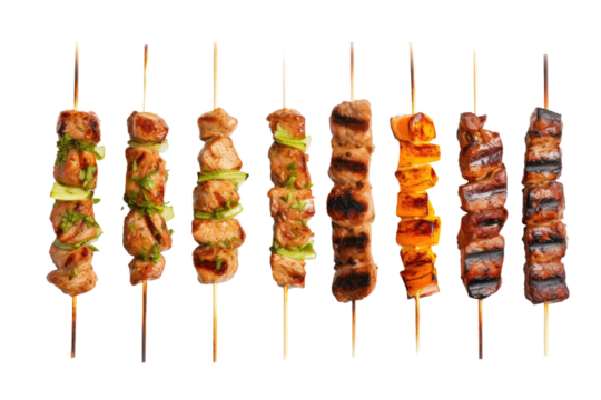 Skewers Filled With Meat and Vegetables. on a White or Clear Surface PNG Transparent Background.