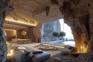 Greek island caves transformed into high-tech dwellings - obrazy, fototapety, plakaty
