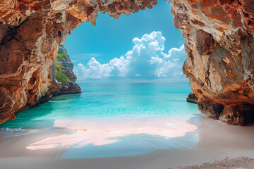 An archway rock formation and white sand beach are the background 7