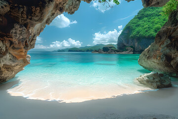An archway rock formation and white sand beach are the background 5 - obrazy, fototapety, plakaty