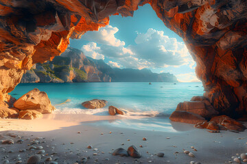 An archway rock formation and white sand beach are the background 3 - obrazy, fototapety, plakaty