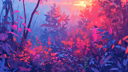 Obraz na płótnie Canvas beautiful colored illustration of forest flora, sunlight coming in