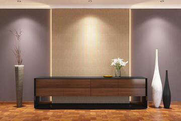 Interior 3d rendering of credenza. Vertical fluted  cream background behind the wooden cabinet  minimalist. Set 11 © asesidea