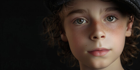 Close-up of a curly-haired child wearing a stylish hat with a captivating expression