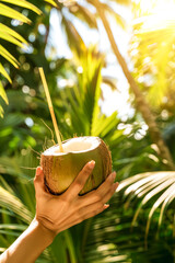 Person holding a coconut with reusable and ecological bamboo straw in their hand, showcasing the tropical fruit in a natural setting. Copy space.