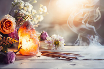 A close-up view of a salt lamp emitting light, placed among various colorful flowers and lit incense sticks. Copy space.