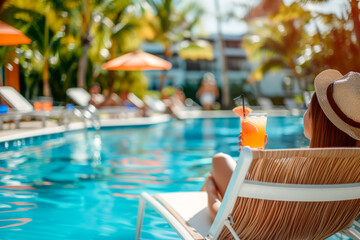 Woman sitting comfortably in a chair next to a clear blue swimming pool, enjoying cocktail while sunbathing. Travel destinations concept. Copy space.