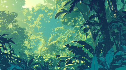 illustration of beautiful forest flora, sunlight coming in