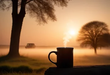Zelfklevend Fotobehang Sihlouette of a mug with hot tea at foggy sunrise on a farm © Sergey
