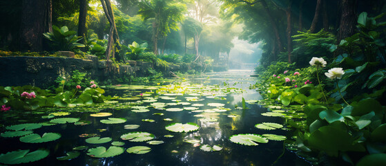 A pond filled with lots of water lilies  - Powered by Adobe