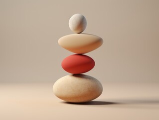 Fototapeta na wymiar Balanced stone tower on beige background. 3D illustration of zen-like balanced rocks with a red stone in the middle, casting a soft shadow. Simplicity and balance concept for meditation, spa, and calm