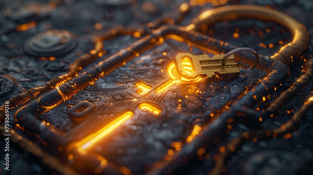 Poster conceptual image of a golden key unlocking a glowing padlock. security and access concept.