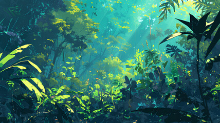 illustration of beautiful forest flora, sunlight coming in