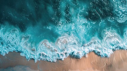 Fototapeta na wymiar aerial view of turquoise ocean water with splashes and foam for abstract natural background and texture