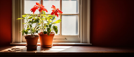 A red potted plant sitting on top of a window sill. ..