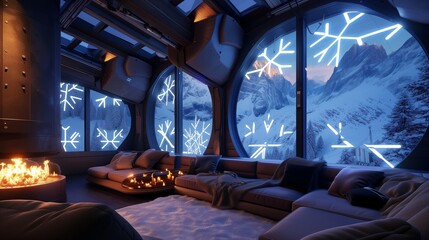 Obraz na płótnie Canvas A Swiss Alps-inspired retro-futuristic chalet featuring snowflake-shaped smart windows 