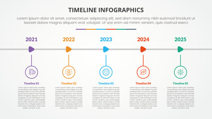 timeline milestone infographic concept with outline circle with arrow shape right direction for slide presentation with 5 point list - obrazy, fototapety, plakaty