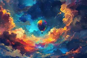 A painting depicting a colorful hot air balloon soaring high in the sky. Generative AI