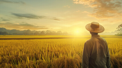 Farmer gazes at sunset over golden rice fields, a moment of serene contemplation.