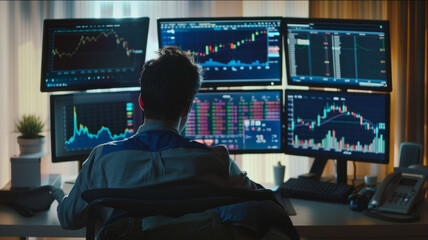Fototapeta premium Analyst studying financial trends on multiple computer monitors.