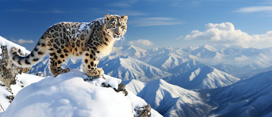 A snow leopard standing on top of a snow  - obrazy, fototapety, plakaty