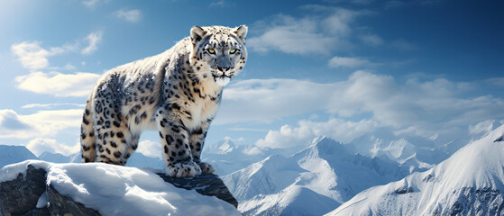 A snow leopard standing on top of a snow 