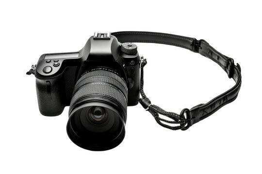 Camera With Strap Attached. on a White or Clear Surface PNG Transparent Background.