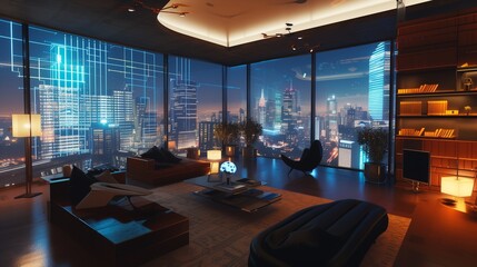 A sleek American retro-futuristic penthouse featuring AI-curated virtual art galleries - obrazy, fototapety, plakaty
