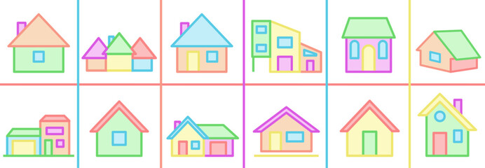 Bright collection of house icons. Houses and huts. Vector huts.