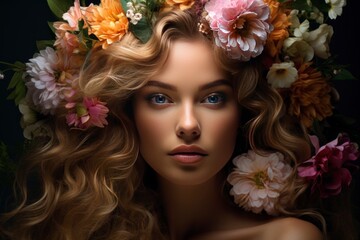 Female model with flowers in her face - generative ai