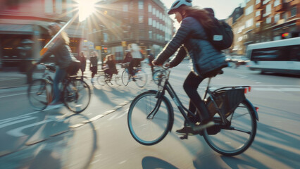 Fast-paced urban cyclists vibrantly traversing the rush-hour city streets.
