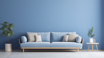 Fototapeta premium Minimalist sofa interior with empty blue background