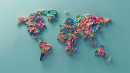 Artistic rendering of a textured world map in vibrant colors, symbolizing diversity and connectivity. - obrazy, fototapety, plakaty