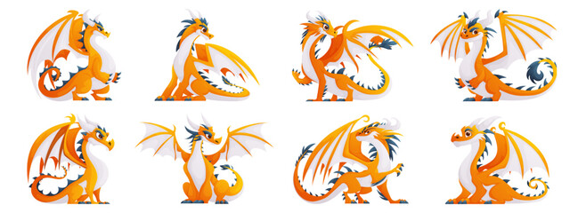 Set of yellow dragons. Large brutal dragon with wings. Yellow, blue and white color. Vector cartoon.