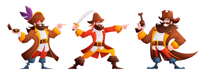 Pirates characters set. The pirate holds a compass and shows the direction, raises his blade to the top and points forward, holds a pistol in a brutal and treacherous pose. Cartoon vector.