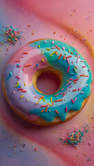 Doughnut with Colorful Sprinkles on Pink Background. The doughnut is frosted in a light purple color and sits on a pastel pink background