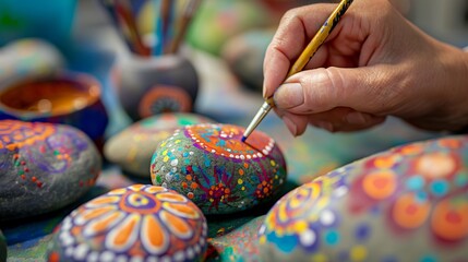 A family day of rock painting, creating vibrant and cheerful designs on smooth stones.