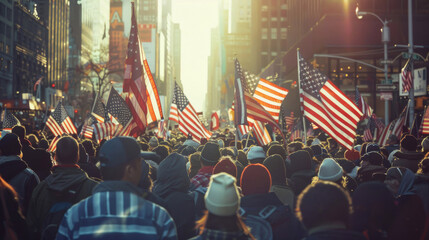 Patriotic Crowd Holding American Flags During a Peaceful Demonstration, Unity and National Pride in Focus. The Warm Sunset Illuminates the Scene, Symbolizing Hope and Solidarity.