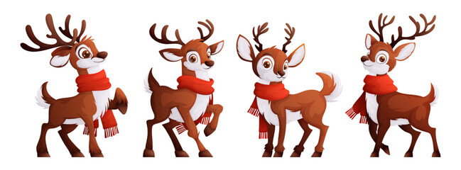Set of four deer. A cute brown deer with antlers and a white fluffy chest, wrapped in a warm red scarf. Cartoon vector.