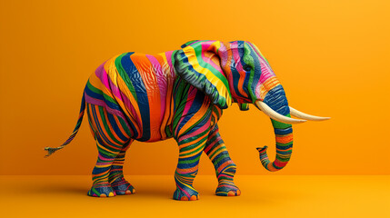 Colorful striped elephant isolated on orange background