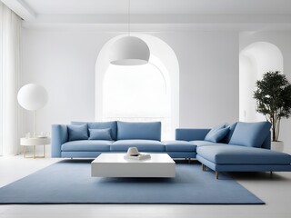 White minimal living room, everything in the room is white, white walls, flushed white doors, white ceiling, highlighting the scene with blue minimal sofa, white interior lighting