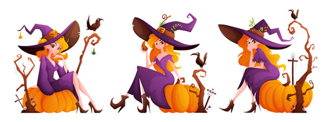 Halloween witches set. A witch with a cute look, orange hair, a purple dress and a large purple hat sits on a huge pumpkin. Old dried tree, crosses, skulls and crows. Cartoon vector. - obrazy, fototapety, plakaty