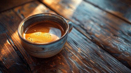 A Cup of Coffee on a Wooden Table - obrazy, fototapety, plakaty