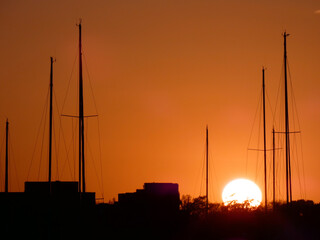 Beautiful sunset in the city harbor of Rostock (Germany)