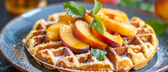 A waffle topped with sliced peaches on a plate.  - Powered by Adobe
