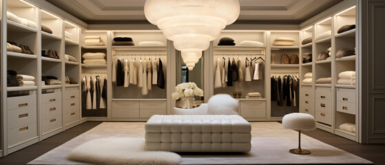 A walk in closet with a large white shelf 