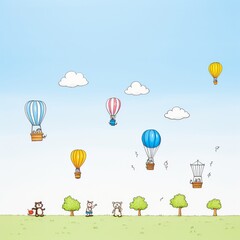 Vibrant, watercolor hot air balloons floating in a clear, blue sky, with cute animals as passengers
