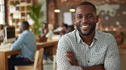 Obraz premium Approachable man with a warm smile at a modern coworking space radiates positivity.