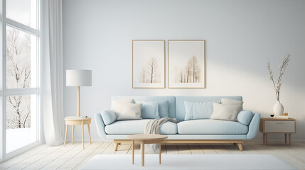 Fototapeta premium Living room interior with minimalist blue sofa
